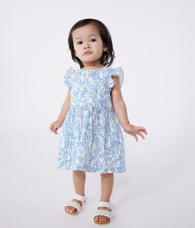 Babies' cotton dress and bloomers with a blue cherry print blue/blue