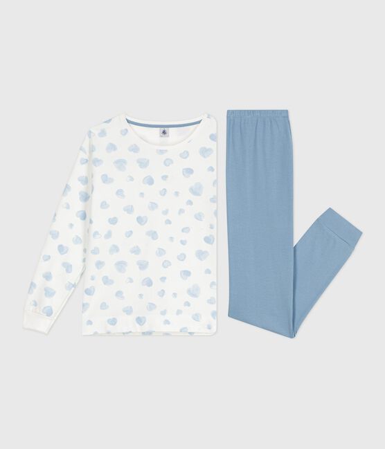 Women's cotton heart print pyjamas in two materials ADRIATIC blue/MULTICO