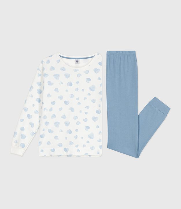 Women's cotton heart print pyjamas in two materials blue/multicolor