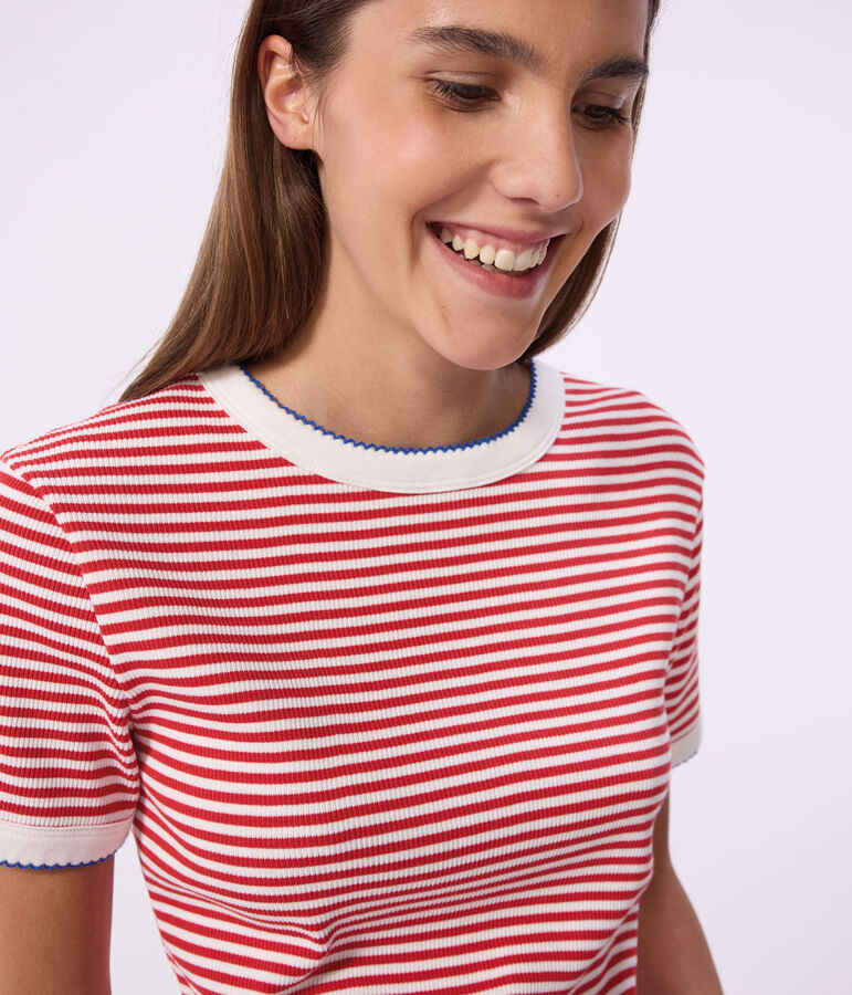 Women's short-sleeved stripy cotton T-shirt red/white