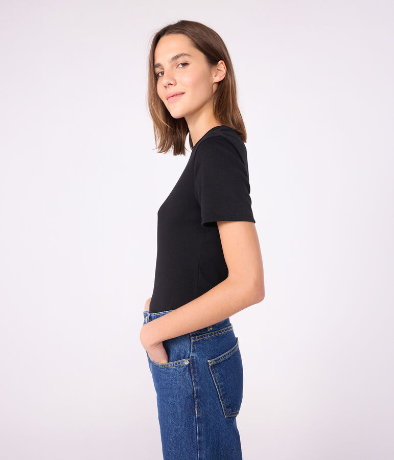 Women's Iconic plain short-sleeved rib knit T-shirt black