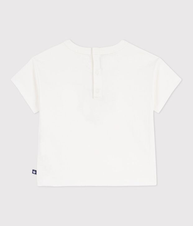 Babies' short-sleeved cotton T-shirt with a seagull motif white