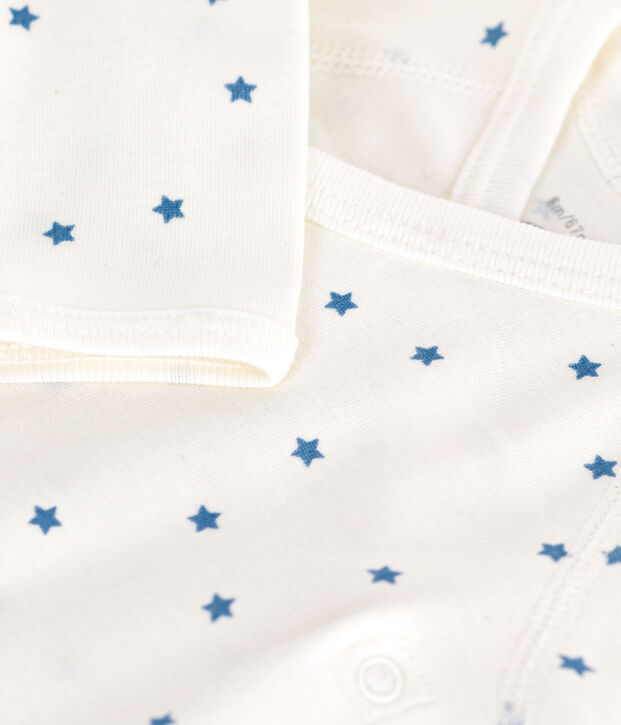 Babies' long-sleeved wrapover cotton bodysuit white/blue