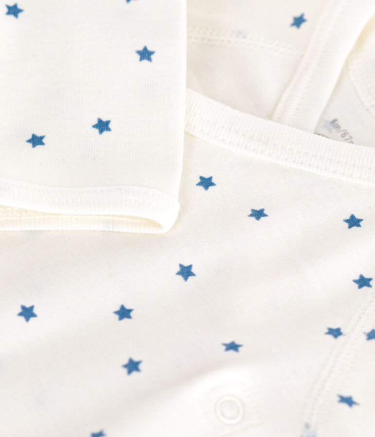 Babies' long-sleeved wrapover cotton bodysuit white/blue