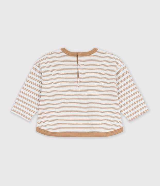 Babies' long-sleeved stripy cotton T-shirt. beige/ecru