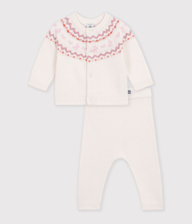 Jacquard knit outfit for babies Ecru/pink
