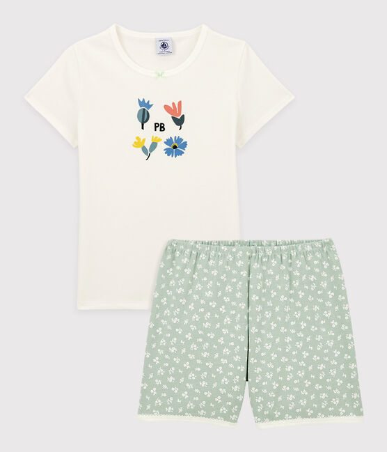 Girls' Floral Cotton Short Pyjamas MARSHMALLOW white/HERBIER