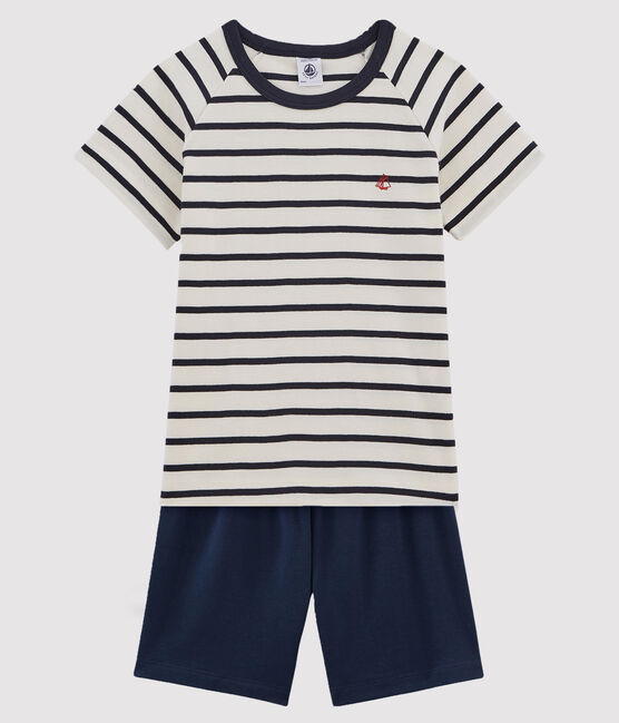 Unisex Rib Knit Short Pyjamas with Sailor Stripes MARSHMALLOW white/SMOKING blue