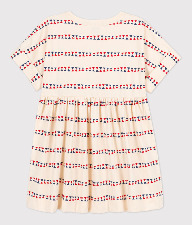 Girls' Short-Sleeved Patterned Cotton Dress Ecru/multicolor