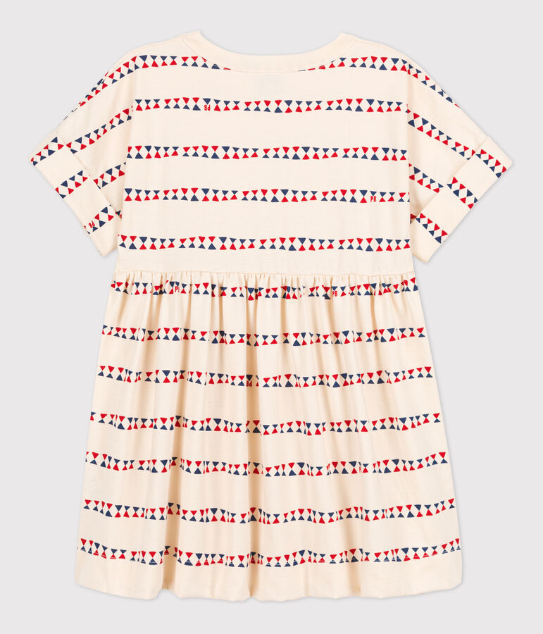 Girls' Short-Sleeved Patterned Cotton Dress Ecru/multicolor