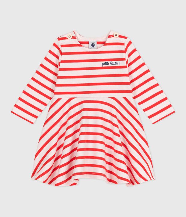 Babies' Breton stripe dress in thick cotton with long sleeves pink/red
