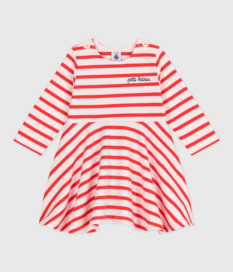 Babies' Breton stripe dress in thick cotton with long sleeves pink/red