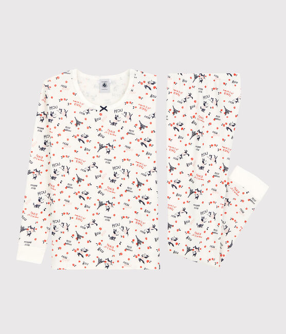 Girls' Snugfit Paris Print Organic Cotton Pyjamas MARSHMALLOW white/MULTICO white