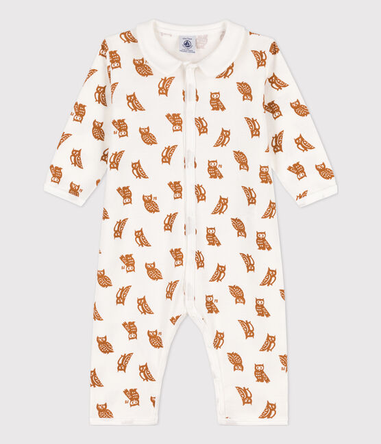 Babies' Owl Themed Footless Cotton Sleepsuit MARSHMALLOW white/ECUREUIL