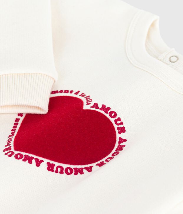 Babies' heart patterned cotton sweatshirt Ecru