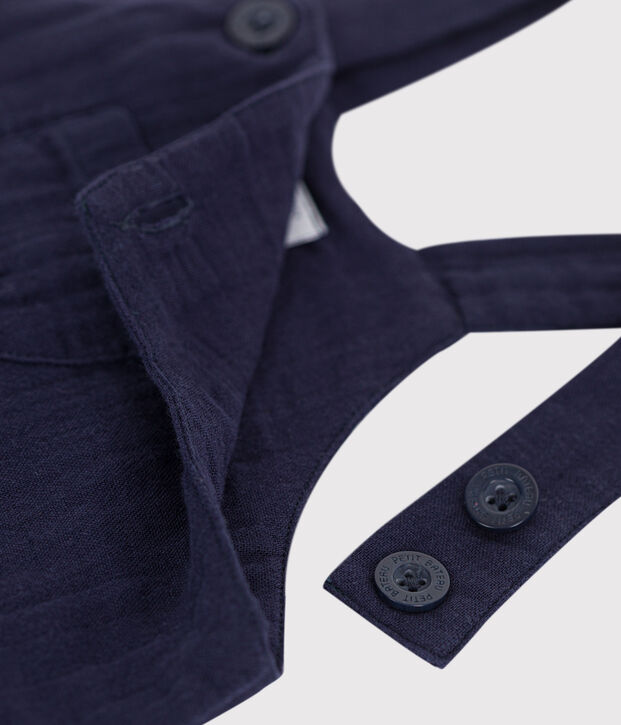 Babies' short-legged plain cotton gauze dungarees blue