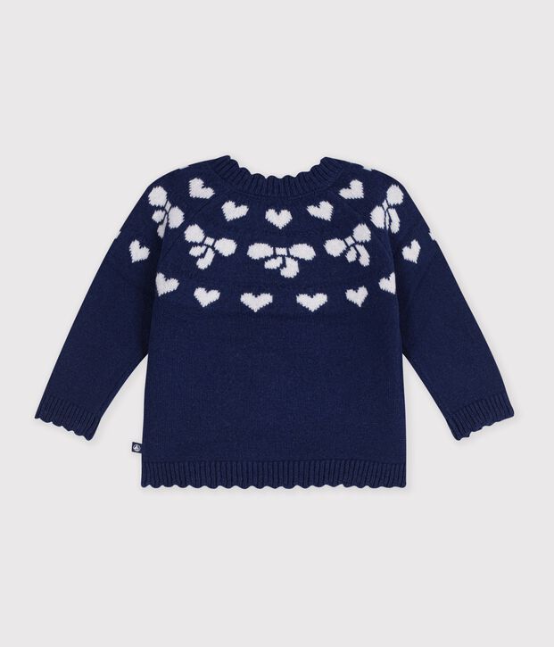 Babies' wool and cotton jumper with bow motifs blue/ecru