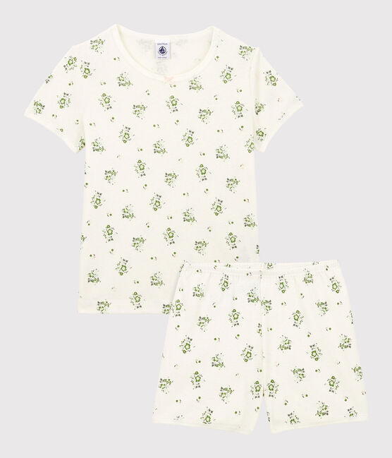 Girls' Floral Cotton and Linen Blend Short Pyjamas MARSHMALLOW white/MULTICO white