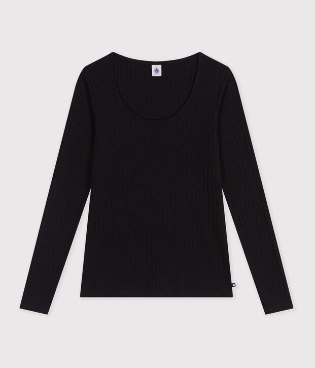 Women's plain wool and cotton t-shirt with wide boat neck black