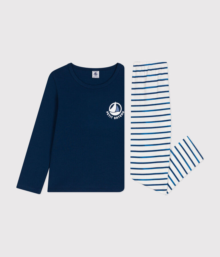 Children's long-sleeved cotton pyjamas white/blue