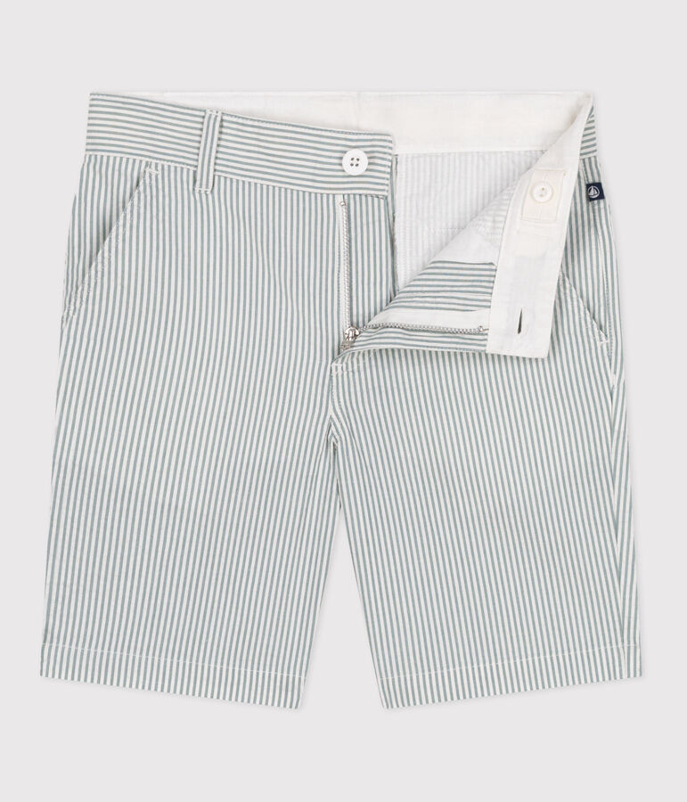 Children's stripy cotton Bermuda shorts MARSHMALLOW white/BRUT blue