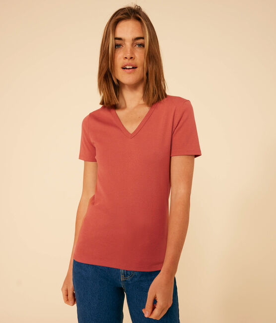 Women's Iconic Plain Cotton V-neck T-Shirt FAMEUX brown