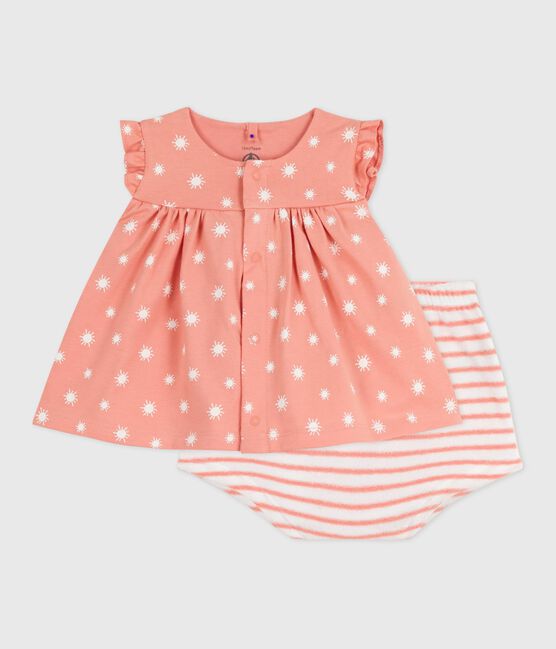 Newborn babies' two-piece sun print cotton set ABRICOT orange/MARSHMALLOW