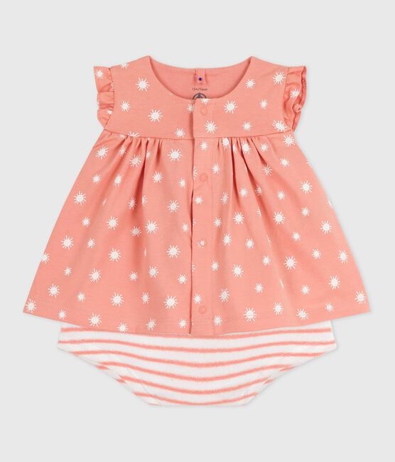 Newborn babies' two-piece sun print cotton set ABRICOT orange/MARSHMALLOW