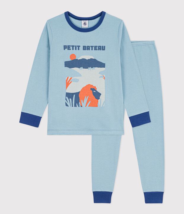 Children's savannah-motif plain cotton pyjamas blue