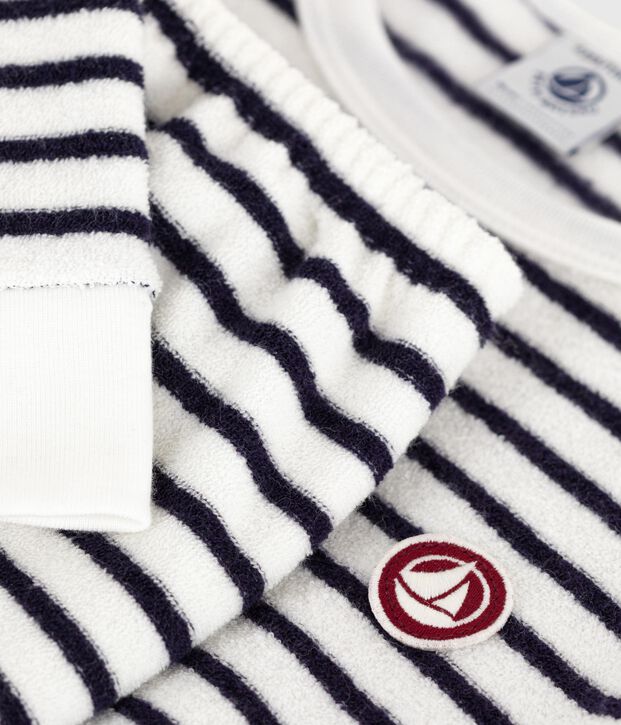 Children's stripy cotton terry pyjamas blue/blue