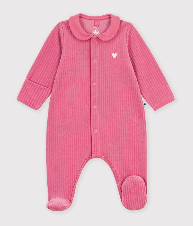 Babies' plain velour pyjama suit with a collar pink