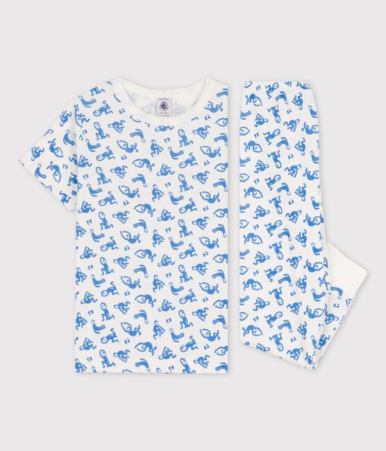 Boys' Monkey Themed Short-Sleeved Cotton Pyjamas MARSHMALLOW white/BRASIER blue