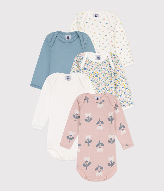 Floral Long-Sleeved Cotton Bodysuits - Pack of 5 multicolor