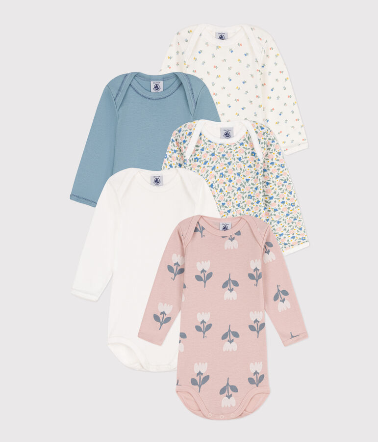 Floral Long-Sleeved Cotton Bodysuits - Pack of 5 multicolor