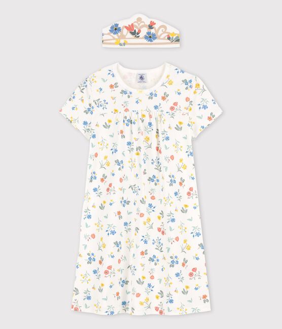 Girls' Short-Sleeved Floral Cotton Nightdress MARSHMALLOW white/MULTICO white