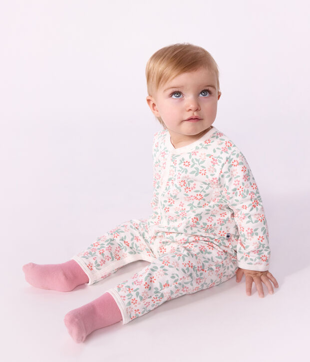 Babies' footless fleece pyjama suit with a floral print white/multicolor