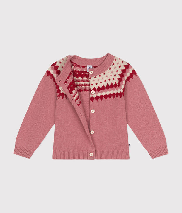 Girls' cotton and wool jacquard cardigan pink/ecru