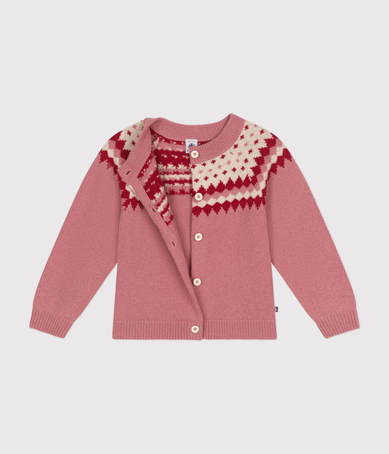 Girls' cotton and wool jacquard cardigan pink/ecru