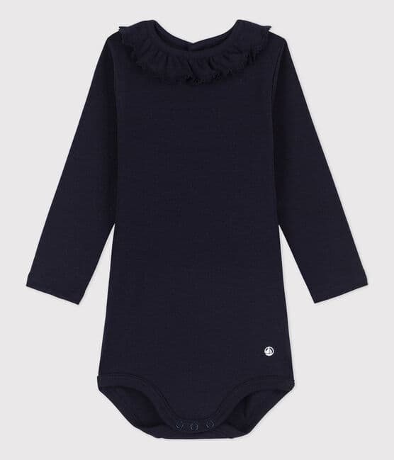 Babies' Long-Sleeved Cotton Bodysuit With Ruff Collar SMOKING blue