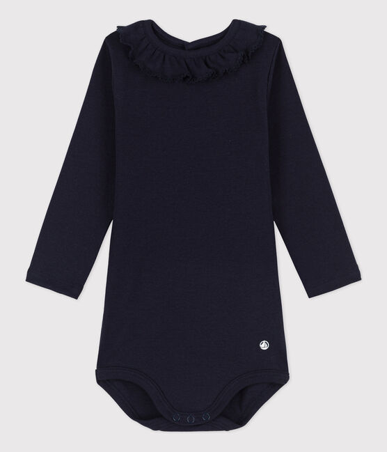 Babies' Long-Sleeved Cotton Bodysuit With Ruff Collar SMOKING blue