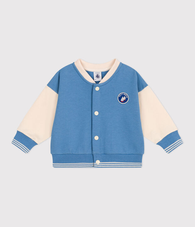 Babies' varsity-style jacket in colourblock cotton blue/ecru