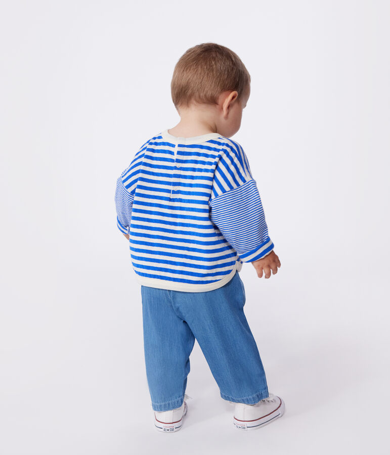 Babies' long sleeved stripy cotton T-shirt blue/ecru