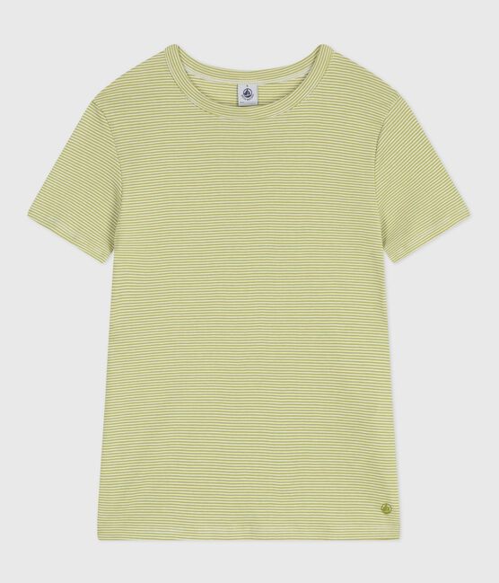 Women's short-sleeved stripy cotton T-shirt MOSS green/MARSHMALLOW