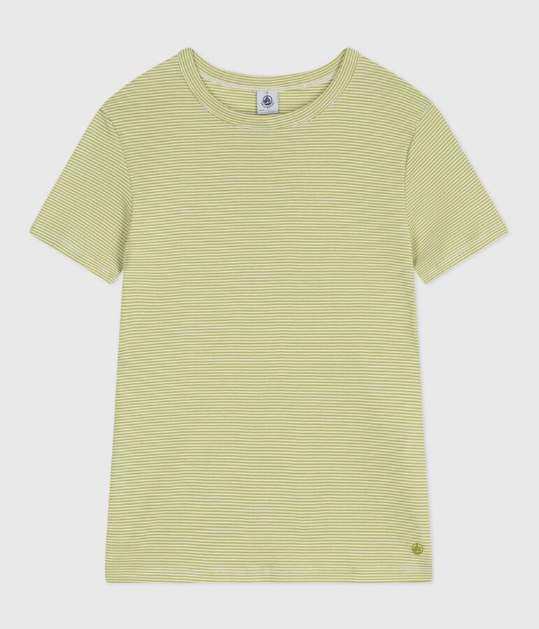 Women's short-sleeved stripy cotton T-shirt green/white