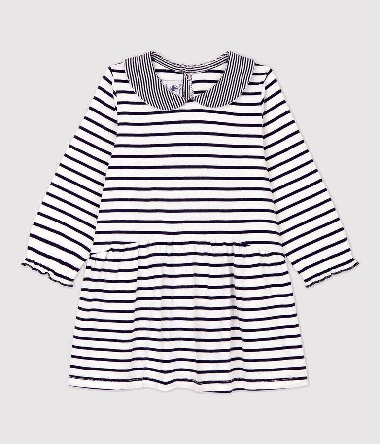Babies' Striped Cotton Dress MARSHMALLOW white/SMOKING blue