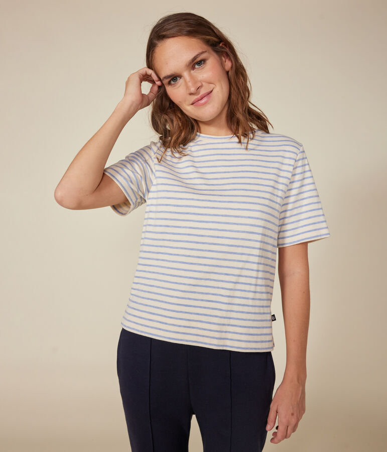 Women's Boxy tube knit T-shirt Ecru/blue