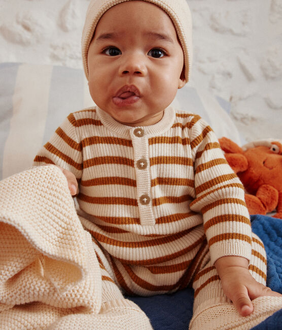 Babies' Stripy Knit Jumpsuit AVALANCHE white/ECUREUIL