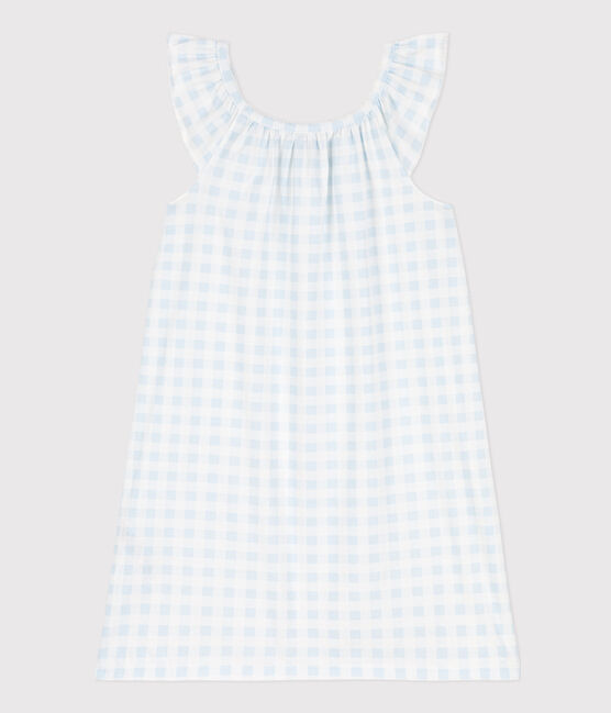 Girls' Fine Cotton Gingham Print Nightdress MARSHMALLOW blue/GOMME white
