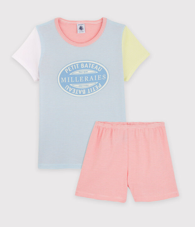 Girls' Colourful Pinstriped Cotton Short Pyjamas blue/multicolor