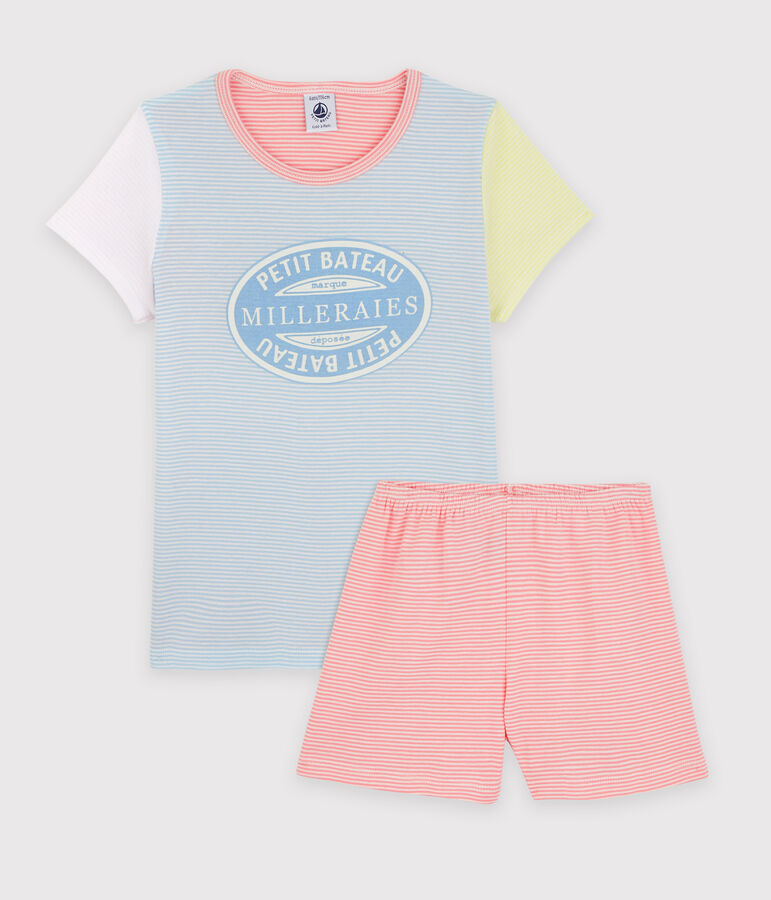 Girls' Colourful Pinstriped Cotton Short Pyjamas JASMIN blue/MULTICO white